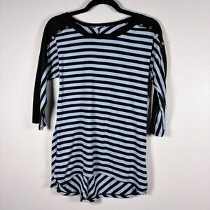 Notations Womens Small Blue Black Striped‎ 3/4 Sleeve Button Shoulder Top Shirt